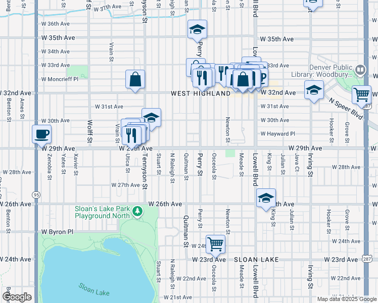 map of restaurants, bars, coffee shops, grocery stores, and more near 2931 Quitman Street in Denver