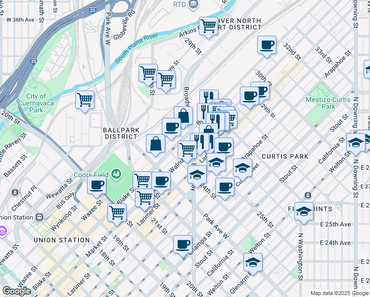 map of restaurants, bars, coffee shops, grocery stores, and more near 1451 24th Street in Denver