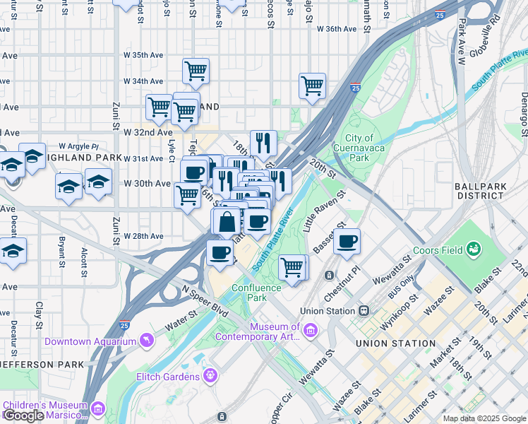 map of restaurants, bars, coffee shops, grocery stores, and more near 1698 Platte Street in Denver