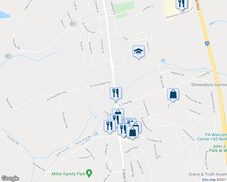 map of restaurants, bars, coffee shops, grocery stores, and more near 416 South Main Street in Shrewsbury