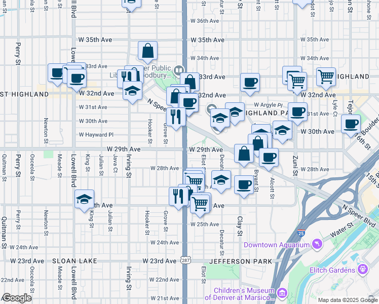 map of restaurants, bars, coffee shops, grocery stores, and more near in Denver