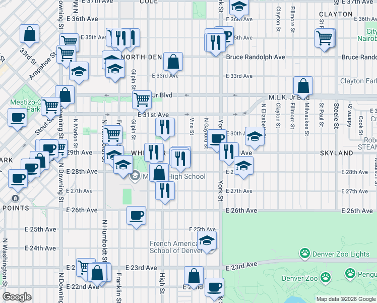 map of restaurants, bars, coffee shops, grocery stores, and more near 2939 Vine Street in Denver