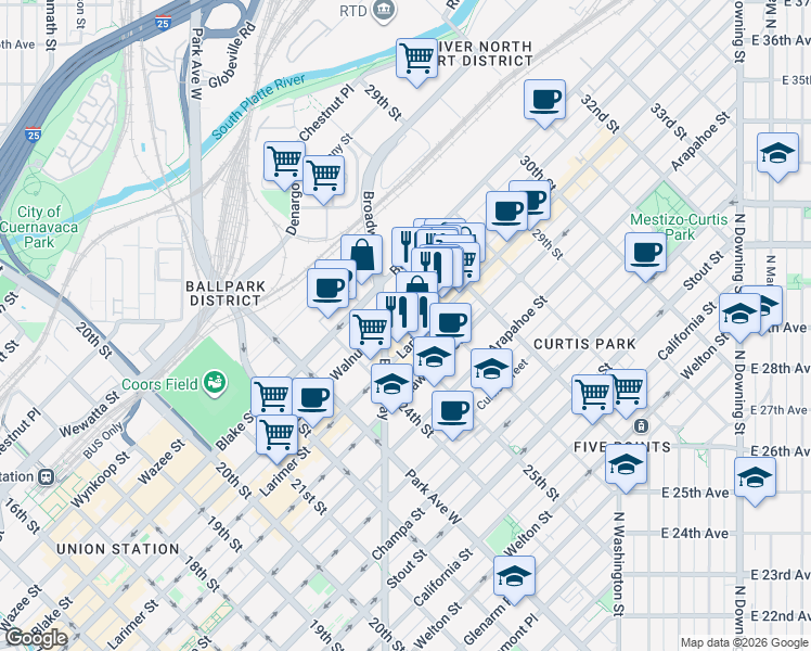 map of restaurants, bars, coffee shops, grocery stores, and more near 2555 Walnut Street in Denver