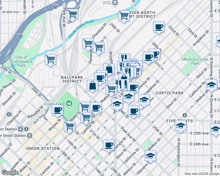 map of restaurants, bars, coffee shops, grocery stores, and more near East Kenyon Avenue in Denver