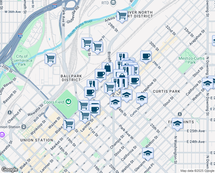 map of restaurants, bars, coffee shops, grocery stores, and more near in Denver