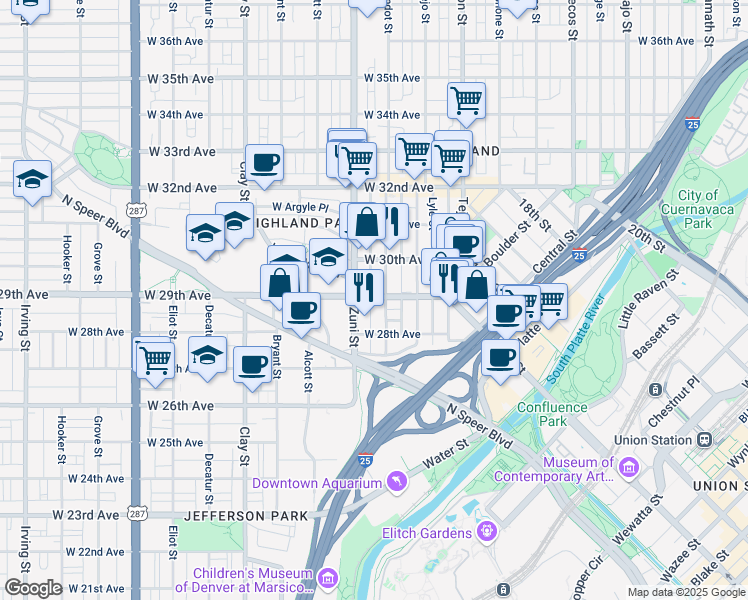 map of restaurants, bars, coffee shops, grocery stores, and more near 2933 Wyandot Street in Denver