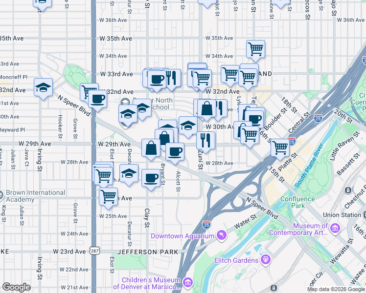 map of restaurants, bars, coffee shops, grocery stores, and more near 2525 West 29th Avenue in Denver