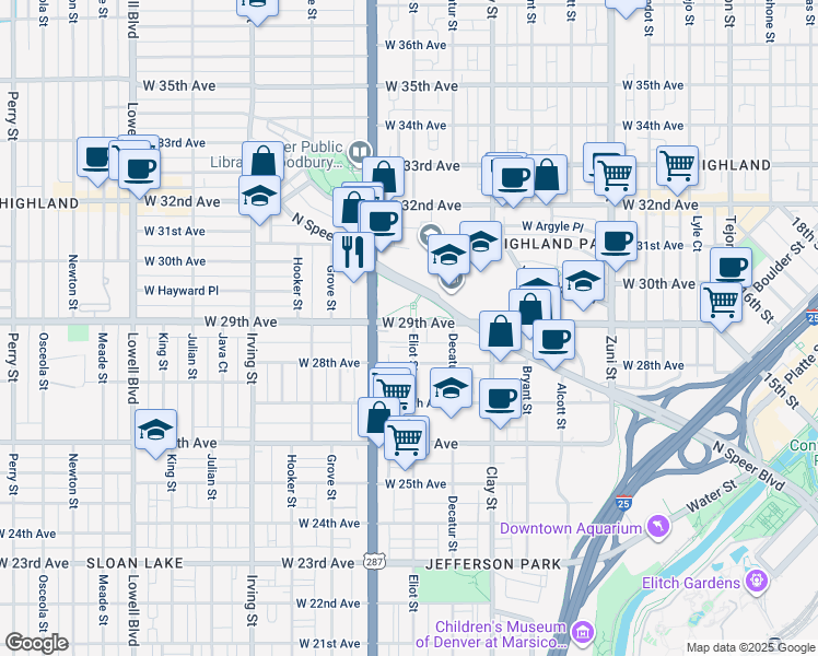 map of restaurants, bars, coffee shops, grocery stores, and more near 2801 West 29th Avenue in Denver