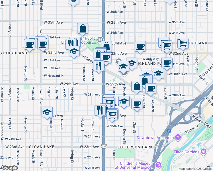 map of restaurants, bars, coffee shops, grocery stores, and more near in Denver