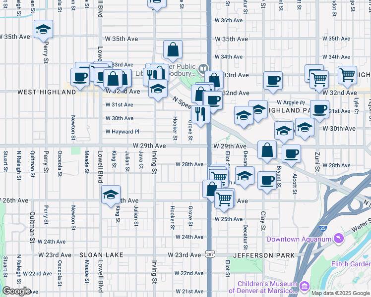 map of restaurants, bars, coffee shops, grocery stores, and more near 2925 Grove Street in Denver