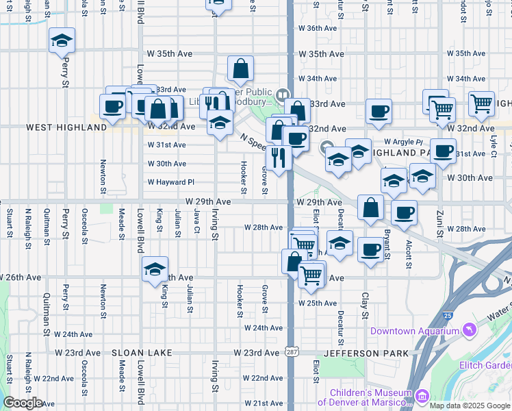 map of restaurants, bars, coffee shops, grocery stores, and more near 2925 Grove Street in Denver