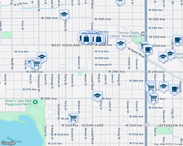 map of restaurants, bars, coffee shops, grocery stores, and more near 3494 West Hayward Place in Denver