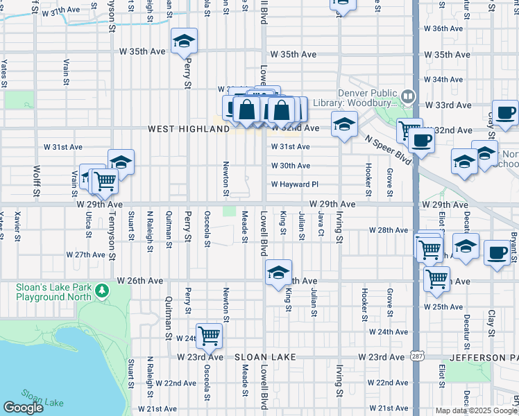 map of restaurants, bars, coffee shops, grocery stores, and more near 3494 West Hayward Place in Denver