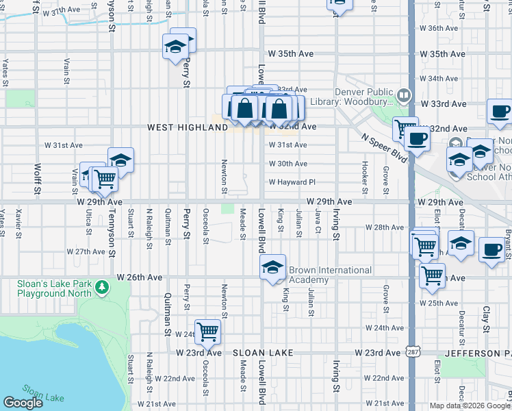 map of restaurants, bars, coffee shops, grocery stores, and more near in Denver