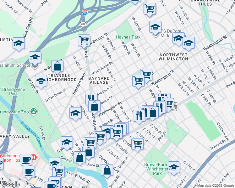 map of restaurants, bars, coffee shops, grocery stores, and more near 2607 Creston Place in Wilmington