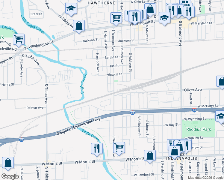 map of restaurants, bars, coffee shops, grocery stores, and more near 544 South Warman Avenue in Indianapolis
