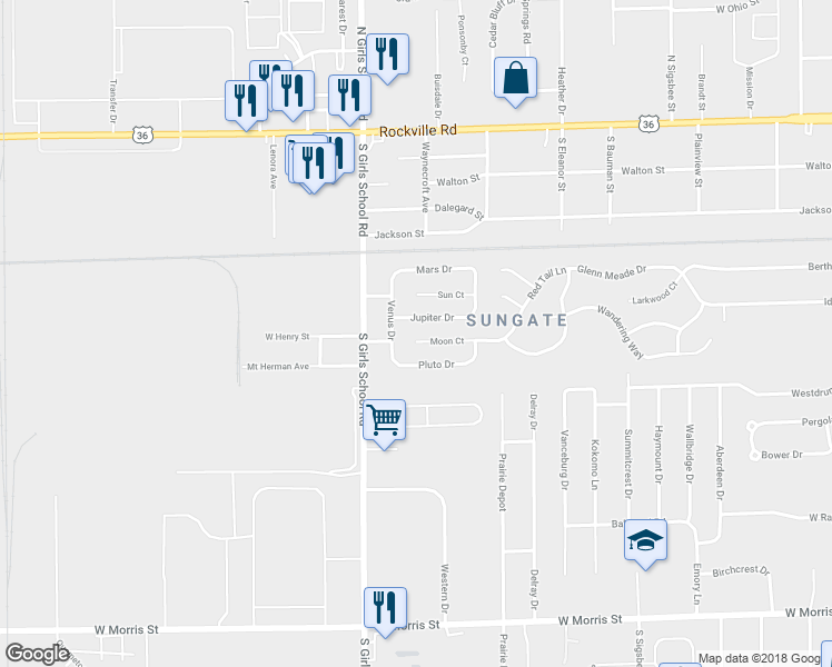 map of restaurants, bars, coffee shops, grocery stores, and more near 7202 Jupiter Drive in Indianapolis