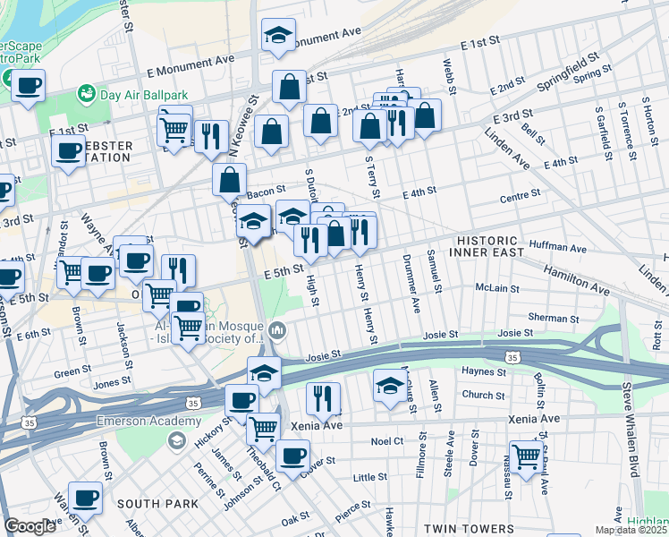 map of restaurants, bars, coffee shops, grocery stores, and more near 8 Labelle Street in Dayton