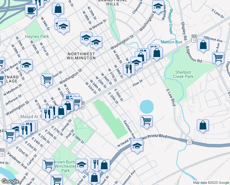 map of restaurants, bars, coffee shops, grocery stores, and more near 10 East 36th Street in Wilmington