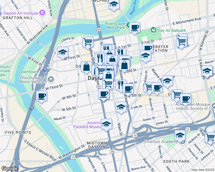 map of restaurants, bars, coffee shops, grocery stores, and more near 4 South Main Street in Dayton