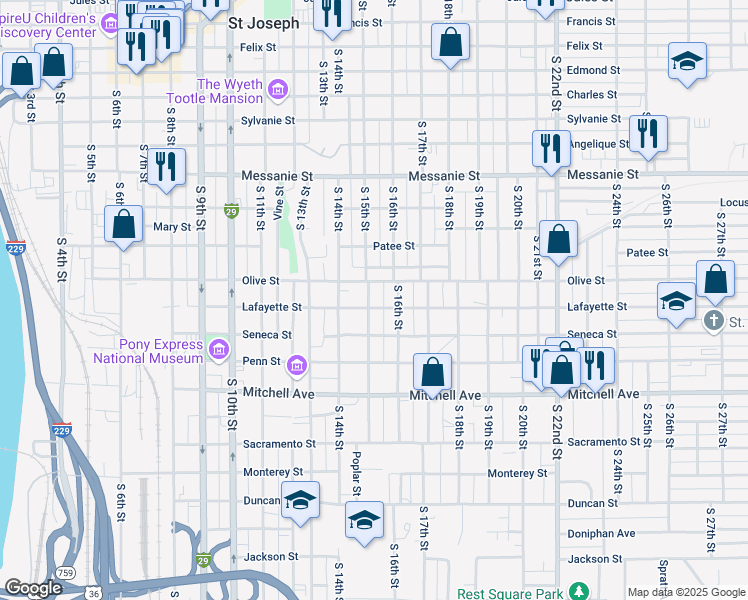 map of restaurants, bars, coffee shops, grocery stores, and more near 921 South 15th Street in Saint Joseph