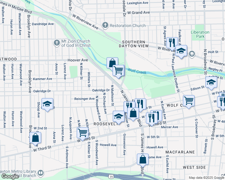 map of restaurants, bars, coffee shops, grocery stores, and more near 400 North Mathison Street in Dayton