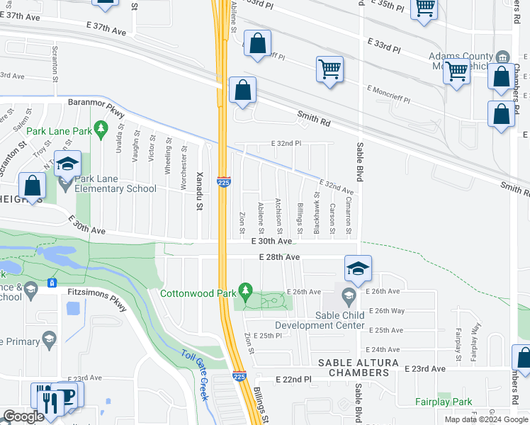 map of restaurants, bars, coffee shops, grocery stores, and more near 3054 Abilene Street in Aurora