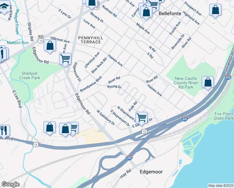 map of restaurants, bars, coffee shops, grocery stores, and more near 17 South Pennewell Drive in Wilmington