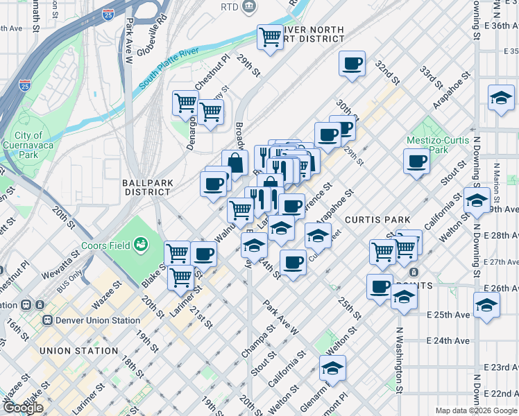 map of restaurants, bars, coffee shops, grocery stores, and more near 2500 Walnut Street in Denver