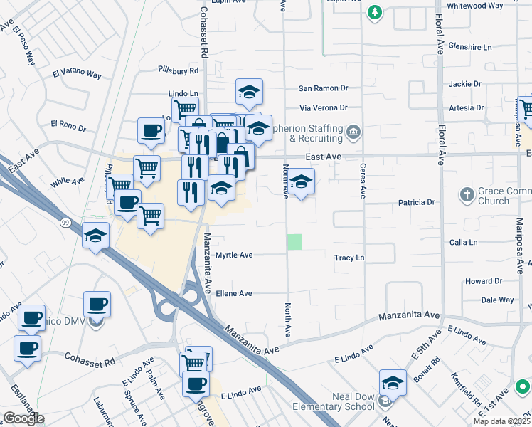map of restaurants, bars, coffee shops, grocery stores, and more near 8 Geneva Lane in Chico
