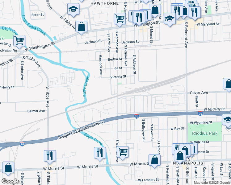 map of restaurants, bars, coffee shops, grocery stores, and more near 544 South Warman Avenue in Indianapolis