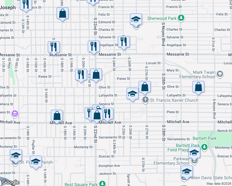 map of restaurants, bars, coffee shops, grocery stores, and more near 826 South 24th Street in Saint Joseph