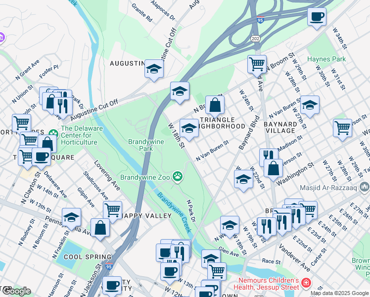 map of restaurants, bars, coffee shops, grocery stores, and more near 801 West 18th Street in Wilmington