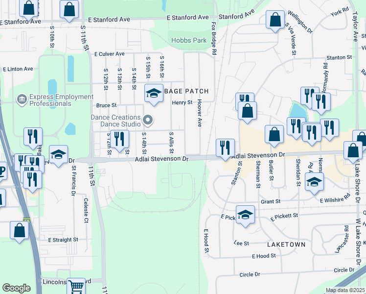map of restaurants, bars, coffee shops, grocery stores, and more near 3145 South Woodward Street in Springfield