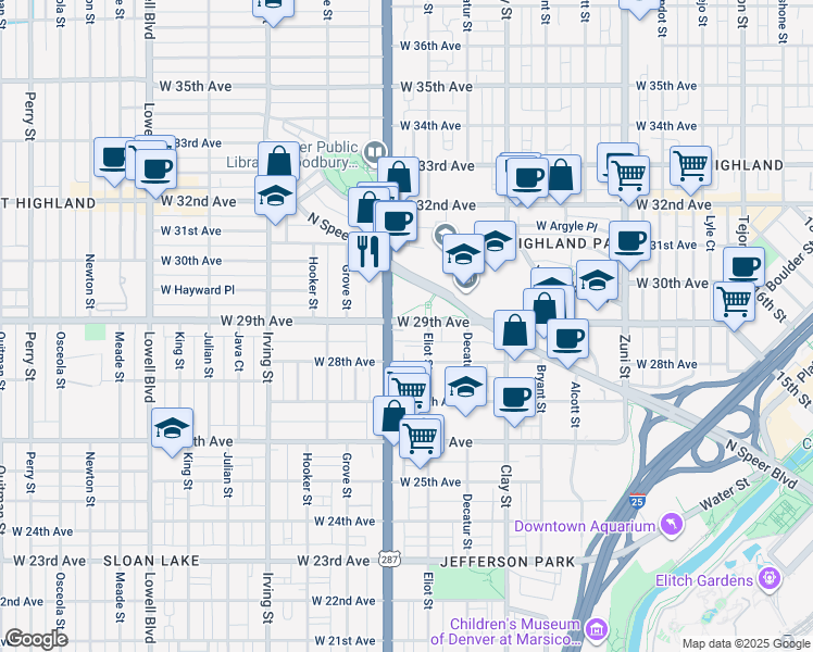 map of restaurants, bars, coffee shops, grocery stores, and more near 2920 West 29th Avenue in Denver