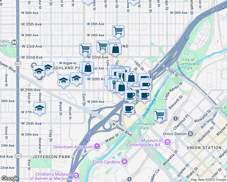 map of restaurants, bars, coffee shops, grocery stores, and more near 4300 15th Street in Denver