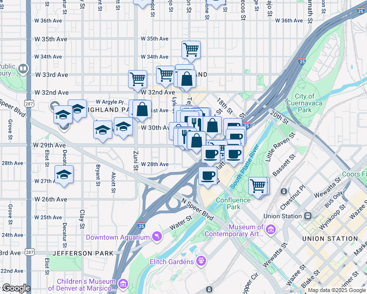 map of restaurants, bars, coffee shops, grocery stores, and more near 3183 15th Street in Denver