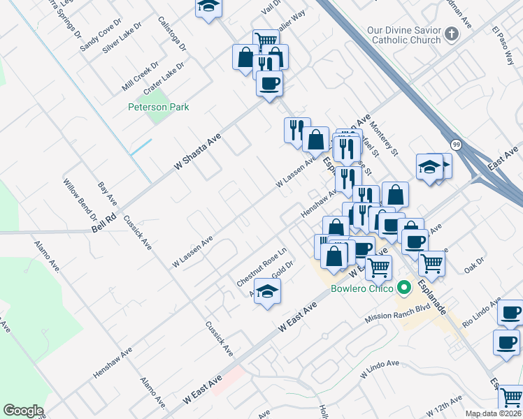 map of restaurants, bars, coffee shops, grocery stores, and more near 2780 Camden Court in Chico
