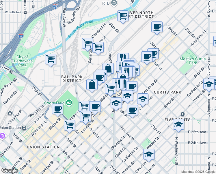 map of restaurants, bars, coffee shops, grocery stores, and more near 1451 24th Street in Denver