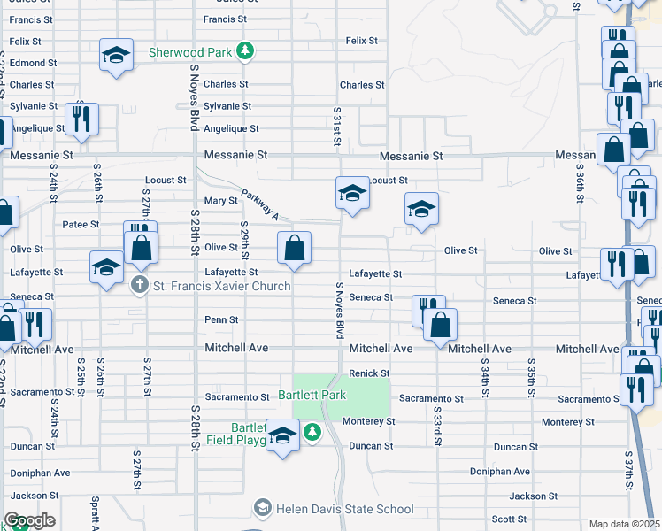 map of restaurants, bars, coffee shops, grocery stores, and more near 818 South Noyes Boulevard in Saint Joseph