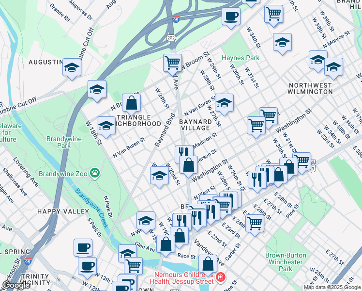 map of restaurants, bars, coffee shops, grocery stores, and more near 508 Concord Avenue in Wilmington