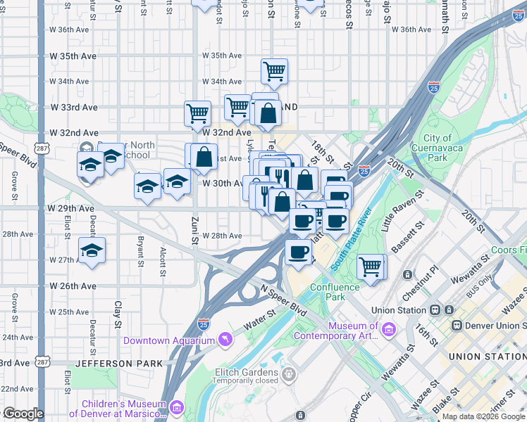 map of restaurants, bars, coffee shops, grocery stores, and more near Umatilla St & Boulder St in Denver