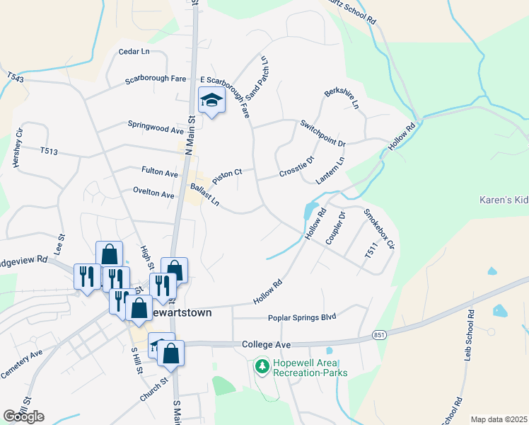 map of restaurants, bars, coffee shops, grocery stores, and more near 134 East Scarborough Fare in Stewartstown