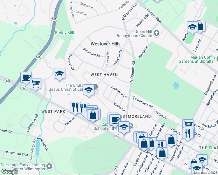 map of restaurants, bars, coffee shops, grocery stores, and more near 22 Dickinson Lane in Wilmington