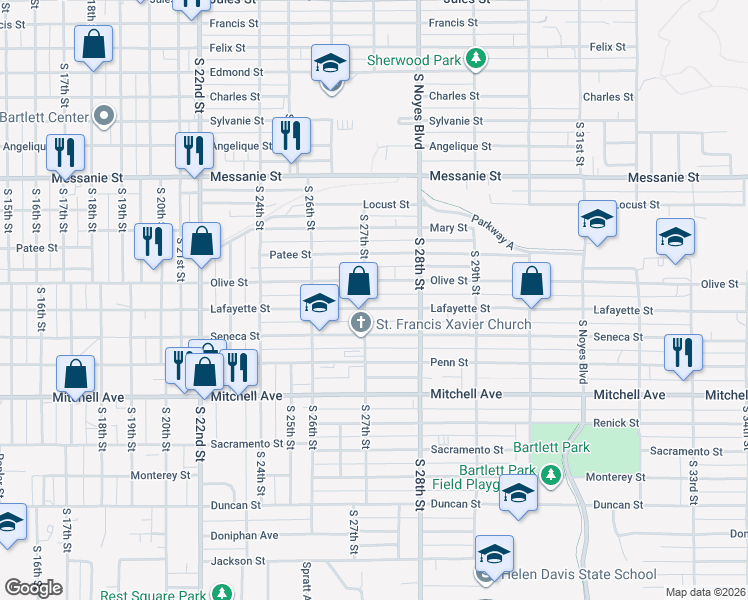 map of restaurants, bars, coffee shops, grocery stores, and more near 800 South 27th Street in Saint Joseph