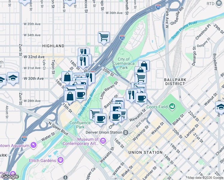 map of restaurants, bars, coffee shops, grocery stores, and more near 1880 Little Raven Street in Denver