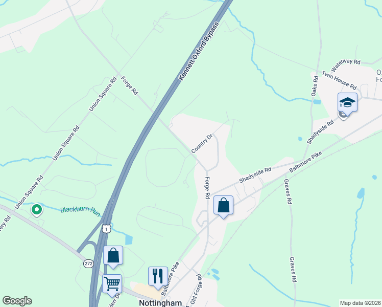 map of restaurants, bars, coffee shops, grocery stores, and more near 2546 Forge Road in Oxford