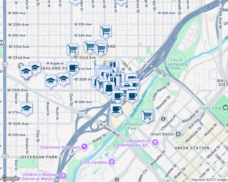 map of restaurants, bars, coffee shops, grocery stores, and more near 1555 Central Street in Denver