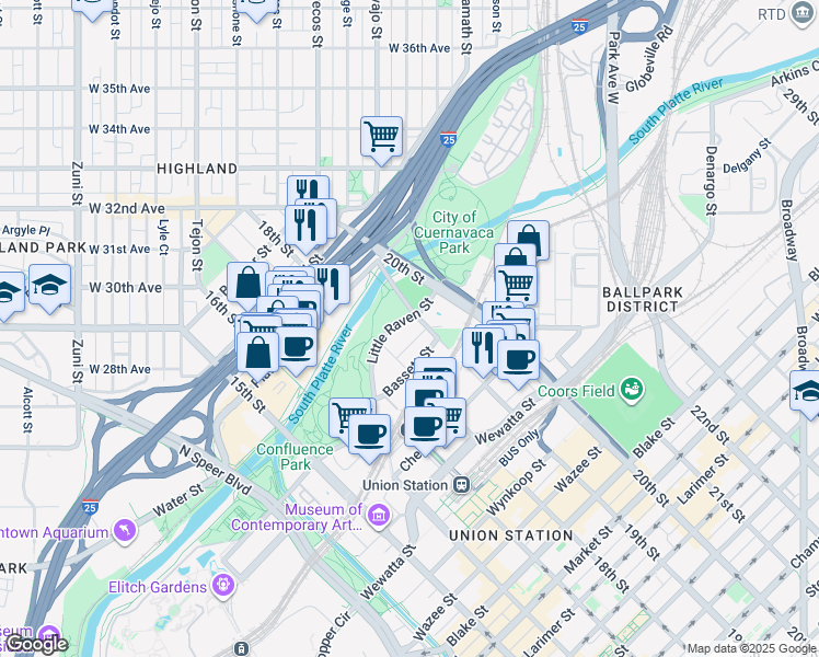 map of restaurants, bars, coffee shops, grocery stores, and more near 1880 Little Raven Street in Denver
