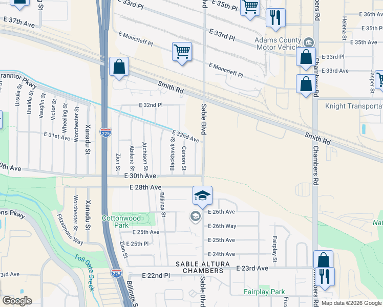 map of restaurants, bars, coffee shops, grocery stores, and more near 3110 Cimarron Street in Aurora